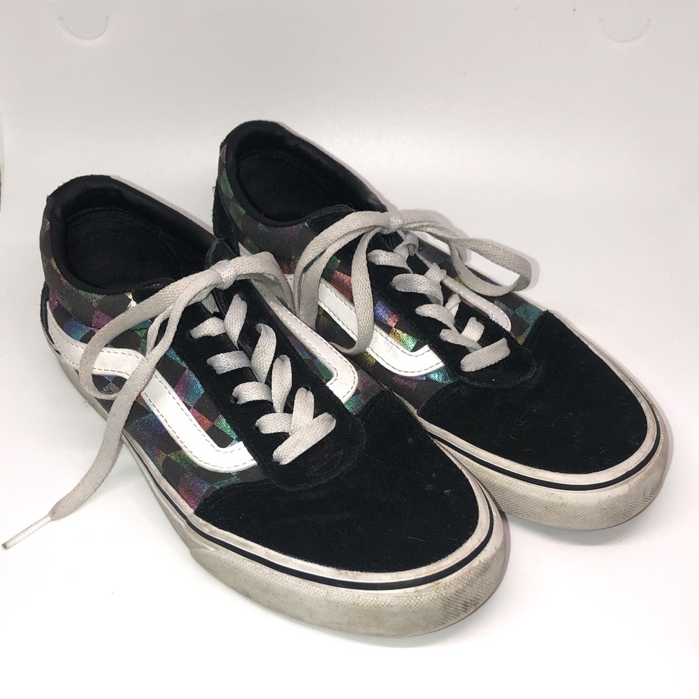 Women's Vans Black Suede Iridescent Checkerboard Size 7.5 Low Top Skater Lace Up